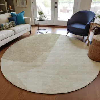 8' Beige Khaki And Taupe Round Abstract Washable Indoor Outdoor Area Rug