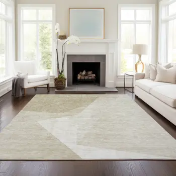 9' X 12' Beige Khaki And Taupe Abstract Washable Indoor Outdoor Area Rug