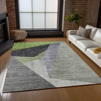 5' X 8' Sage Green And Charcoal Abstract Washable Indoor Outdoor Area Rug