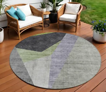 8' Sage Green And Charcoal Round Abstract Washable Indoor Outdoor Area Rug