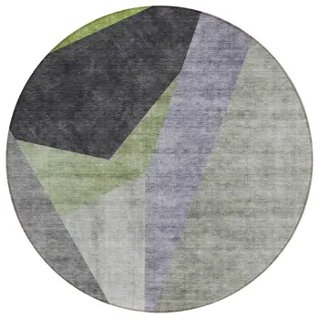 8' Sage Green And Charcoal Round Abstract Washable Indoor Outdoor Area Rug