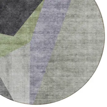 8' Sage Green And Charcoal Round Abstract Washable Indoor Outdoor Area Rug