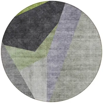 8' Sage Green And Charcoal Round Abstract Washable Indoor Outdoor Area Rug