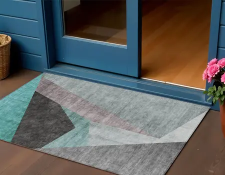 3' X 5' Teal Blue Aqua And Charcoal Abstract Washable Indoor Outdoor Area Rug