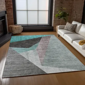 3' X 5' Teal Blue Aqua And Charcoal Abstract Washable Indoor Outdoor Area Rug