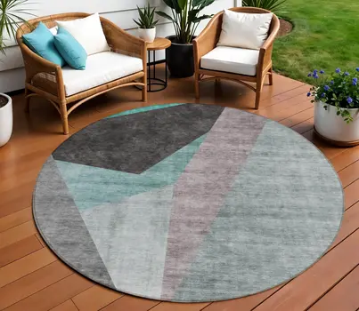 8' Teal Blue Aqua And Charcoal Round Abstract Washable Indoor Outdoor Area Rug