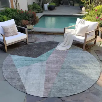 8' Teal Blue Aqua And Charcoal Round Abstract Washable Indoor Outdoor Area Rug