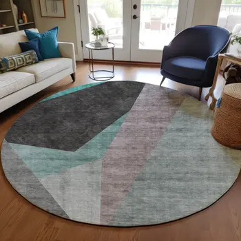 8' Teal Blue Aqua And Charcoal Round Abstract Washable Indoor Outdoor Area Rug
