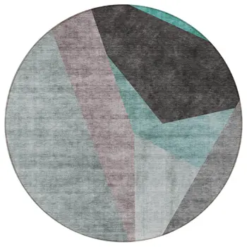 8' Teal Blue Aqua And Charcoal Round Abstract Washable Indoor Outdoor Area Rug