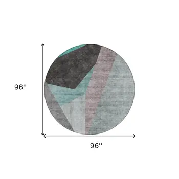 8' Teal Blue Aqua And Charcoal Round Abstract Washable Indoor Outdoor Area Rug