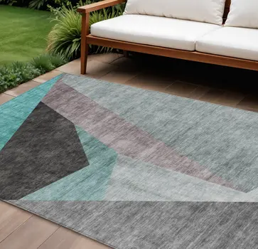 8' X 10' Teal Blue Aqua And Charcoal Abstract Washable Indoor Outdoor Area Rug
