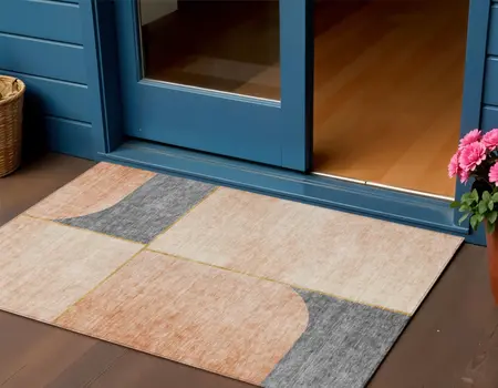 3' X 5' Coral Peach And Gray Abstract Washable Indoor Outdoor Area Rug