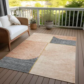 3' X 5' Coral Peach And Gray Abstract Washable Indoor Outdoor Area Rug