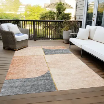 3' X 5' Coral Peach And Gray Abstract Washable Indoor Outdoor Area Rug
