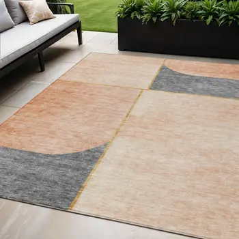 5' X 8' Coral Peach And Gray Abstract Washable Indoor Outdoor Area Rug