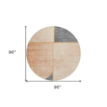 8' Coral Peach And Gray Round Abstract Washable Indoor Outdoor Area Rug