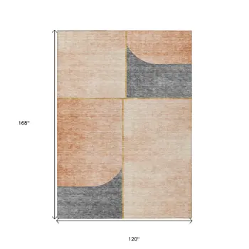 10' X 14' Coral Peach And Gray Abstract Washable Indoor Outdoor Area Rug