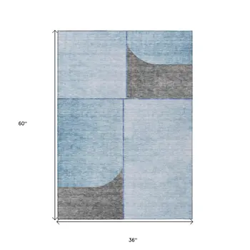 3' X 5' Sky Blue And Denim Blue Abstract Washable Indoor Outdoor Area Rug