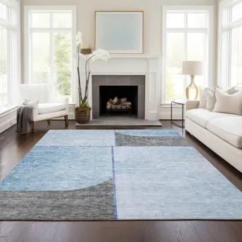 3' X 5' Sky Blue And Denim Blue Abstract Washable Indoor Outdoor Area Rug