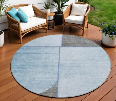 8' Sky Blue And Denim Blue Round Abstract Washable Indoor Outdoor Area Rug