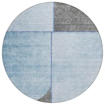 8' Sky Blue And Denim Blue Round Abstract Washable Indoor Outdoor Area Rug