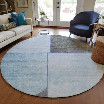 8' Sky Blue And Denim Blue Round Abstract Washable Indoor Outdoor Area Rug