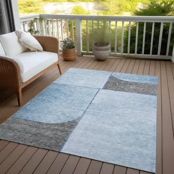 10' X 14' Sky Blue And Denim Blue Abstract Washable Indoor Outdoor Area Rug