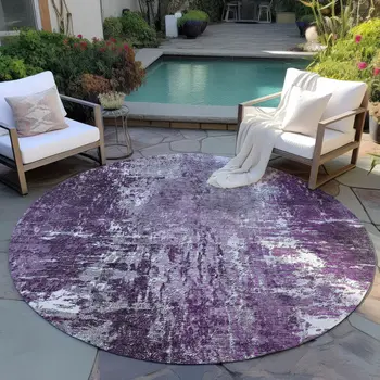 8' Eggplant Purple And Lavender Round Abstract Washable Indoor Outdoor Area Rug