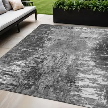 5' X 8' Gray Charcoal And Silver Abstract Washable Indoor Outdoor Area Rug