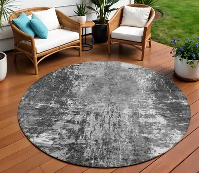 8' Gray Charcoal And Silver Round Abstract Washable Indoor Outdoor Area Rug