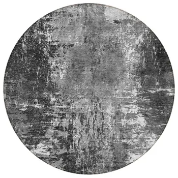 8' Gray Charcoal And Silver Round Abstract Washable Indoor Outdoor Area Rug