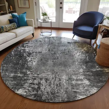 8' Gray Charcoal And Silver Round Abstract Washable Indoor Outdoor Area Rug