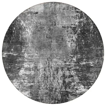 8' Gray Charcoal And Silver Round Abstract Washable Indoor Outdoor Area Rug