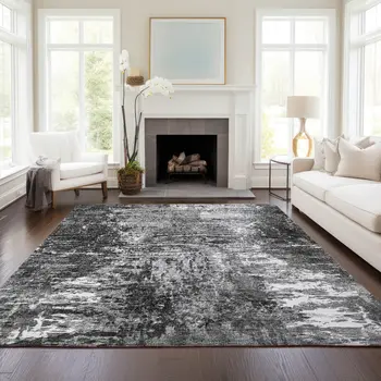 8' X 10' Gray Charcoal And Silver Abstract Washable Indoor Outdoor Area Rug