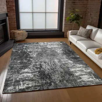 10' X 14' Gray Charcoal And Silver Abstract Washable Indoor Outdoor Area Rug