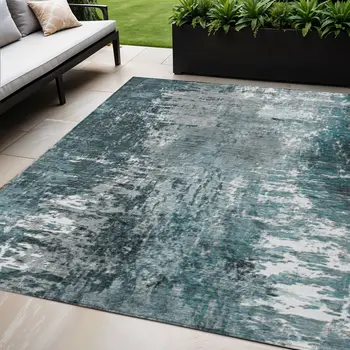 5' X 8' Teal Blue Gray And Charcoal Abstract Washable Indoor Outdoor Area Rug