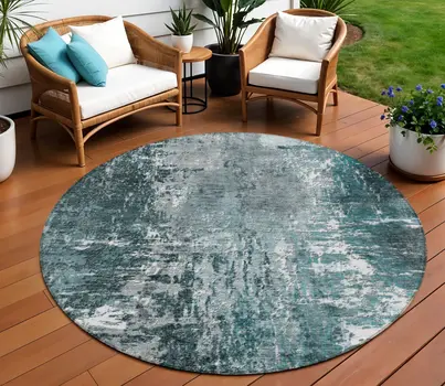 8' Teal Blue Gray And Charcoal Round Abstract Washable Indoor Outdoor Area Rug
