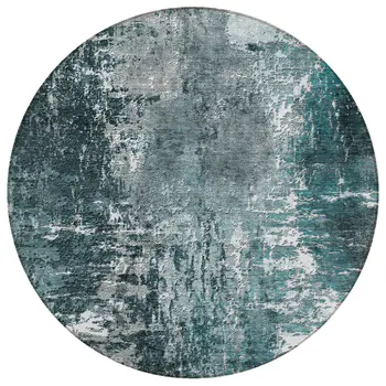 8' Teal Blue Gray And Charcoal Round Abstract Washable Indoor Outdoor Area Rug