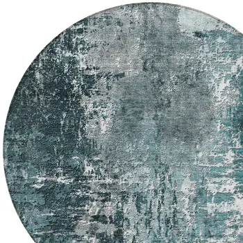 8' Teal Blue Gray And Charcoal Round Abstract Washable Indoor Outdoor Area Rug