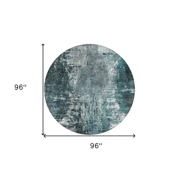 8' Teal Blue Gray And Charcoal Round Abstract Washable Indoor Outdoor Area Rug