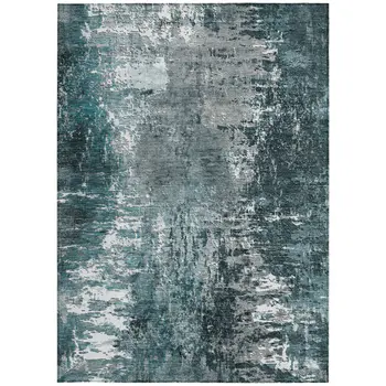 10' X 14' Teal Blue Gray And Charcoal Abstract Washable Indoor Outdoor Area Rug