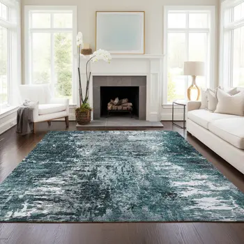 10' X 14' Teal Blue Gray And Charcoal Abstract Washable Indoor Outdoor Area Rug