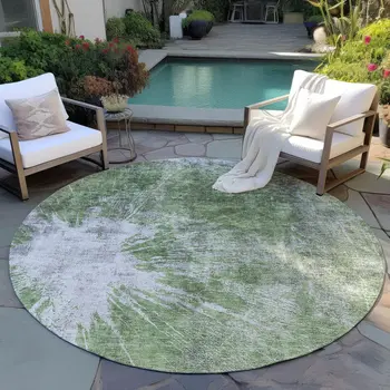 8' Green And Gray Round Abstract Washable Indoor Outdoor Area Rug