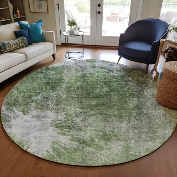 8' Green And Gray Round Abstract Washable Indoor Outdoor Area Rug