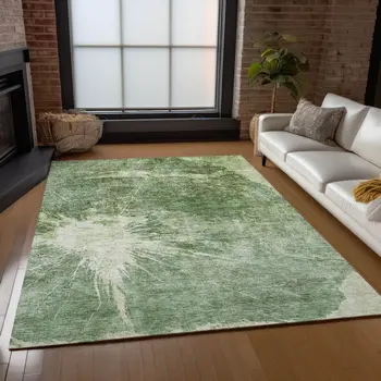 3' X 5' Fern Green And Artichoke Green Abstract Washable Indoor Outdoor Area Rug