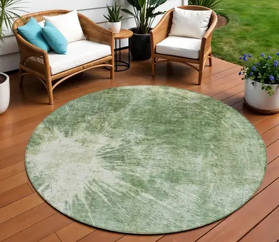 8' Fern Green And Artichoke Green Round Abstract Washable Indoor Outdoor Area Rug