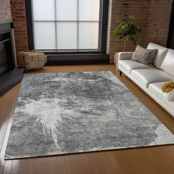 10' X 14' Gray Charcoal And Silver Abstract Washable Indoor Outdoor Area Rug