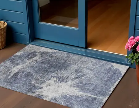 3' X 5' Navy Blue And Denim Blue Abstract Washable Indoor Outdoor Area Rug