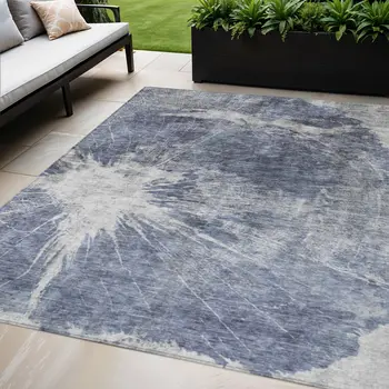 5' X 8' Navy Blue And Denim Blue Abstract Washable Indoor Outdoor Area Rug