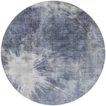 8' Navy Blue And Denim Blue Round Abstract Washable Indoor Outdoor Area Rug